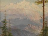 tableau représentant un paysage de montagne avec des pins et des montagnes en arrière-plan