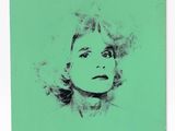 a painting of a woman ' s face on a green background
