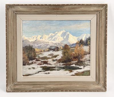a painting of a snowy landscape with mountains in the background