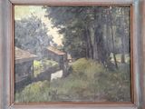 une peinture à l'huile représentant une cabane dans les bois, au bord d'une rivière