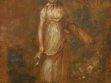 a painting of a woman in a white dress holding a fan