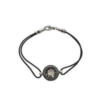 a black cord bracelet with a silver and black crystal bead