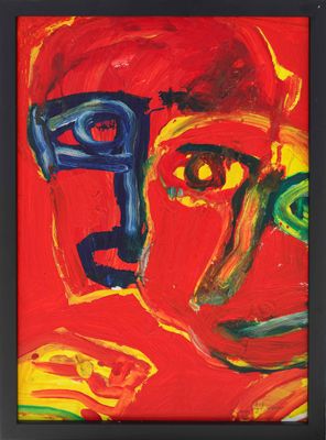 a painting of a man ' s face with a red background