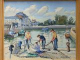 a painting of a group of people working on a boat