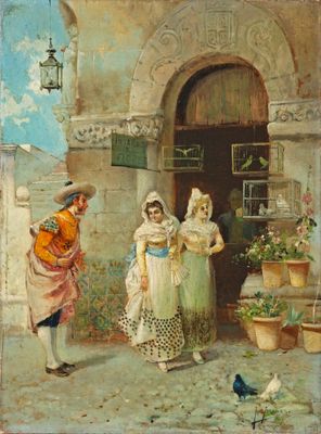 une image représentant un tableau où l'on voit un homme et une femme devant un bâtiment
