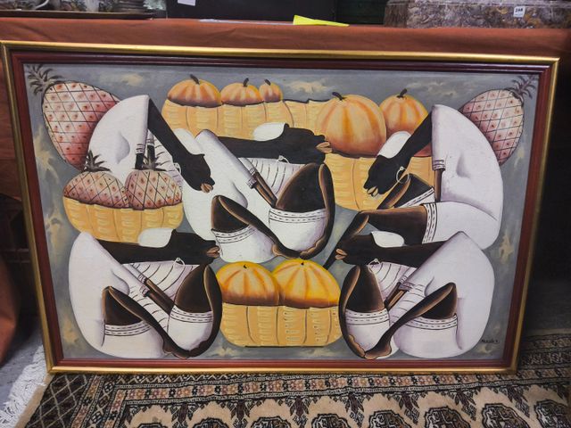 MARCELIN B. « Quatre Africaines et paniers de fruits ». Acrylique...