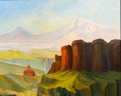 une peinture à l'huile représentant un paysage de montagne avec une maison rouge au premier plan