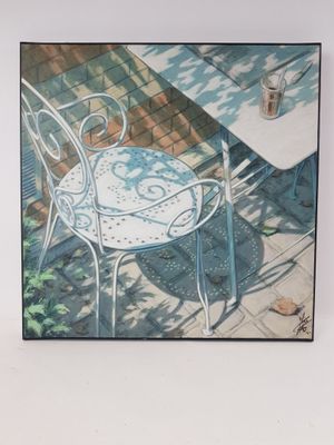 une peinture représentant une table et des chaises sur une terrasse
