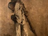an old painting of a man with a rifle and a backpack