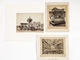 three old photographs of a building and a fountain in a room