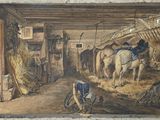 a painting of a man tending to horses in a barn