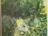 an image of a painting of a garden with flowers and trees