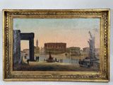 a painting of a view of a city with people and buildings