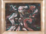 une peinture à l'huile représentant un homme tenant une batte de baseball sur un terrain