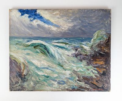 an oil painting of waves crashing on rocks in the ocean