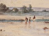 a painting of a group of people walking on the beach