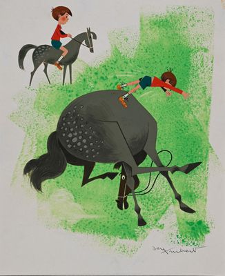 un dessin représentant une jeune fille à cheval et un homme à cheval