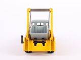 a yellow fork truck with a gray seat on a white surface