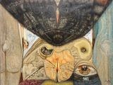 une peinture représentant une peinture d'une femme avec un papillon sur la tête