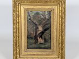 une peinture à l'huile représentant un grand arbre dans une zone boisée