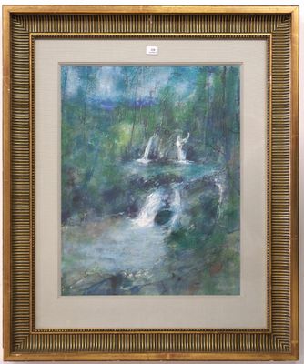 a painting of a stream in a forest with a waterfall in the background