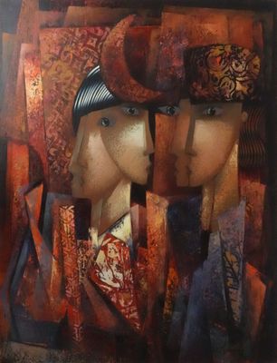 tableau représentant deux femmes portant des chapeaux et des foulards devant un miroir