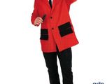 a man in a red jacket and black pants posing for a picture