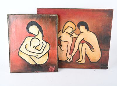 deux tableaux représentant un couple assis sur une surface blanche