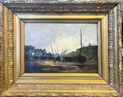 an oil painting of boats on a river with a house in the background
