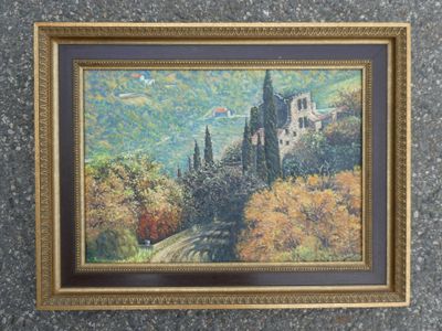 framed oil painting of a castle on a hill with trees in the foreground