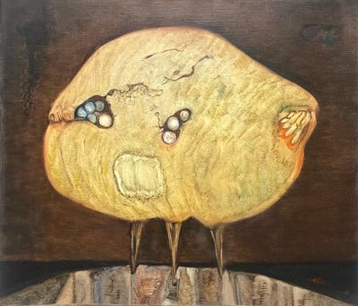 une peinture représentant un oiseau perché sur un morceau de bois