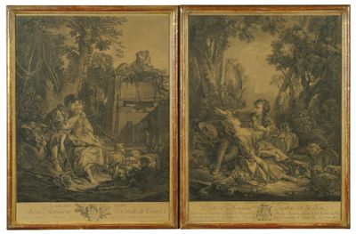 une paire de gravures anciennes représentant une femme et un homme dans un décor boisé