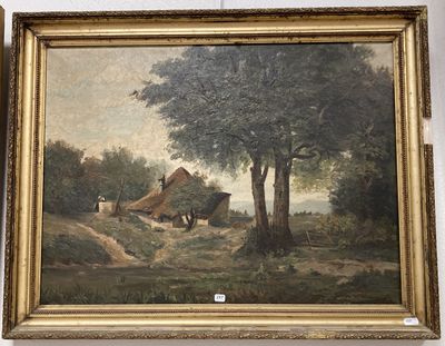tableau représentant une scène de campagne avec deux vaches et une maison en arrière-plan