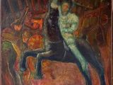 an oil painting of a man riding a horse in a wooded area