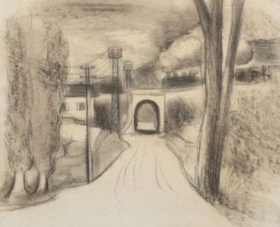 drawing of a drawing of a road with a bridge in the background