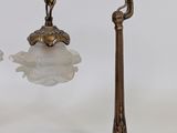 pair of antique brass table lamps with frosted glass lampshads