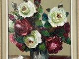 une peinture de roses dans un vase sur une table