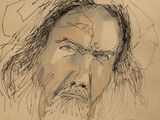 drawing of a man with long hair and a beard with a cross on his forehead