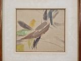 tableau représentant un oiseau perché sur une branche, encadré et accroché au mur