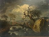 tableau représentant une scène fluviale avec des personnages traversant un pont près d'un arbre