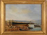 une peinture à l'huile représentant un bateau amarré au bord de l'eau, avec des personnes à bord