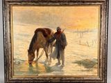 an oil painting of a man and a horse in the snow