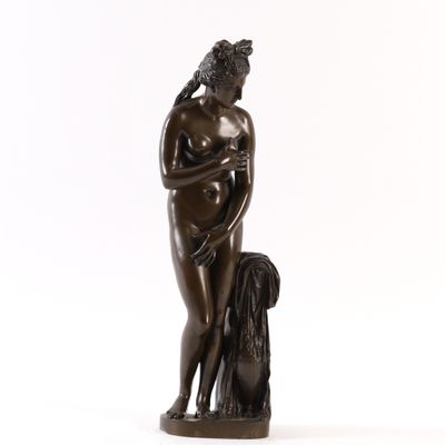 a bronze statue of a woman holding a dog on a white background