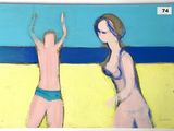 painting of two people on a beach with a blue sky in the background