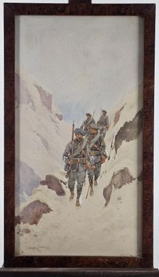 painting of a group of soldiers walking up a snowy mountain