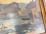 a picture of a painting of a city by the water