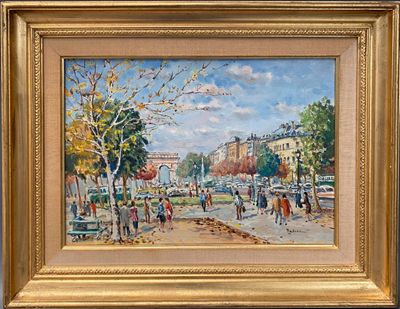 painting of a city street scene with people walking and a horse drawn carriage
