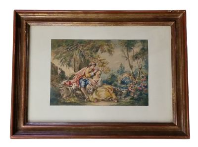 tableau encadré représentant un homme et une femme dans un décor boisé