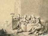 un dessin représentant un groupe de personnes assises autour d'une table