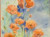 a painting of a bunch of orange flowers in a red frame